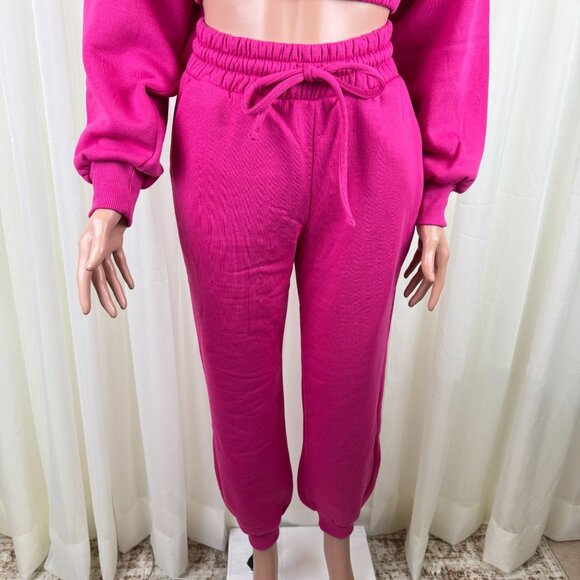 Zenana 2 Pcs Crop Sweatshirt Tracksuit High Waist Jogger Set Active Hot Pink - Picture 8 of 13